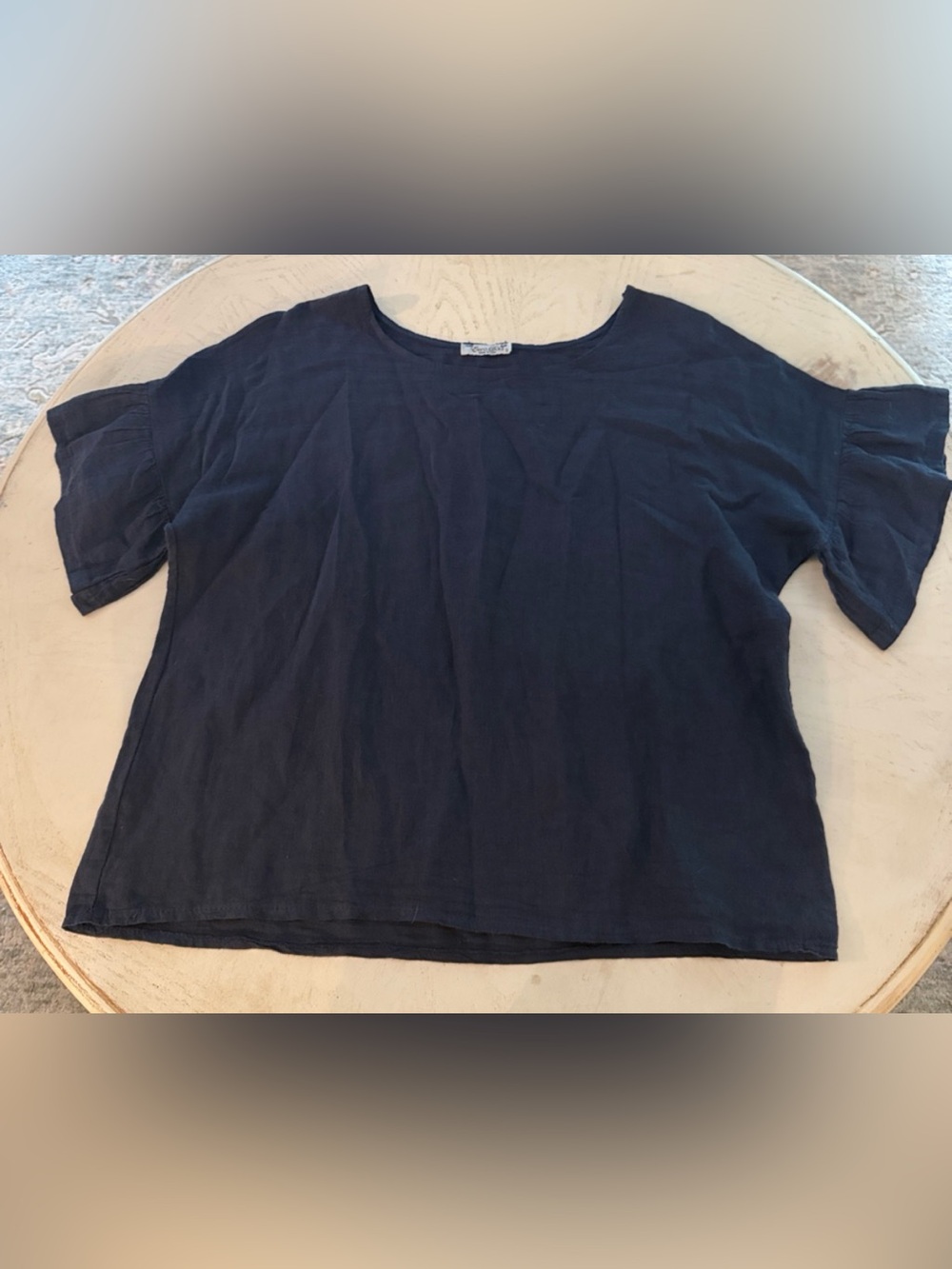 Elena Baldi navy blue linen ruffle bell flutter sleeve top size small